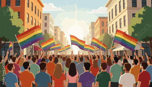 Rainbow Flags Waving during Pride Parade Through Urban Street