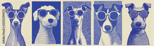 Blue illustration of cool dogs wearing summer sunglasses