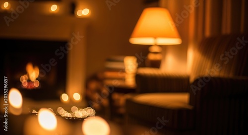 Cozy Living Room Ambiance with Fireplace, Lamp, and Warm Lighting.