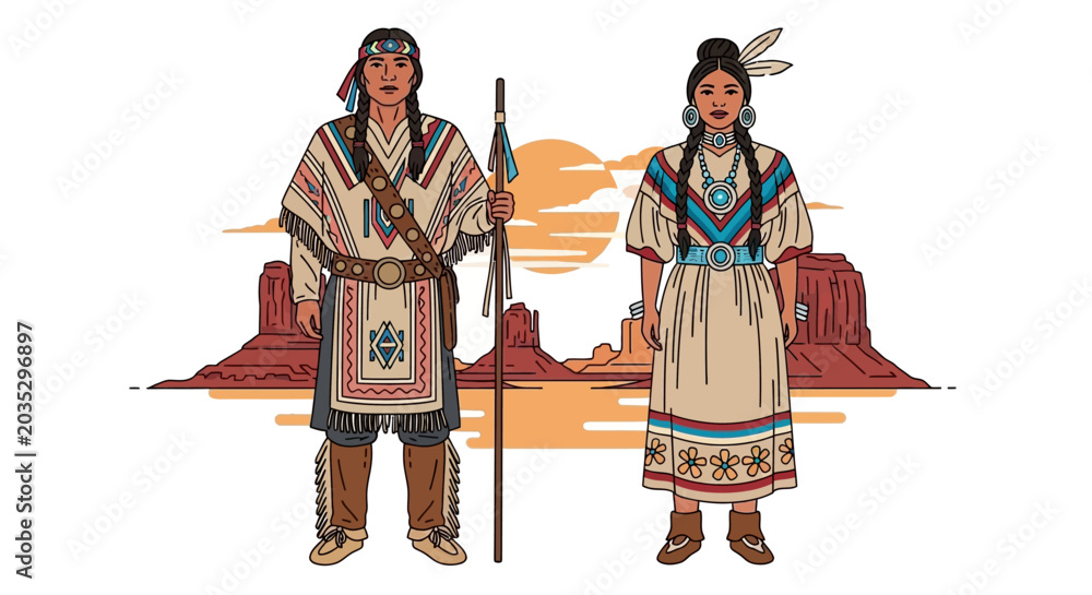 Obraz premium Native American Couple in Traditional Attire Standing in Desert Landscape