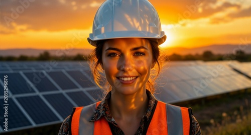 Female solar energy technician smiling in hard hat and safety vest at sunset on a solar farm.
