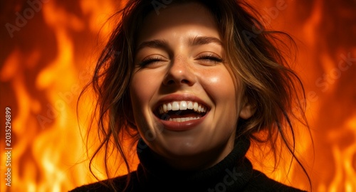 Radiant woman laughing joyfully against a fiery orange backdrop, capturing raw, unfiltered happiness and warmth.