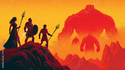 Epic mythological illustration of the Titanomachy featuring heroic Greek figures and gods standing on a rocky peak while facing off against massive red monstrous titans emerging from a fiery landsc...