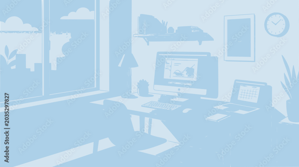 Fototapeta premium Modern Home Office Interior with Computer, Laptop, and City View