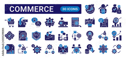 Commerce glyph icon set with dual color style featuring shopping, retail, marketing, payment, analytics, and e-commerce business concepts