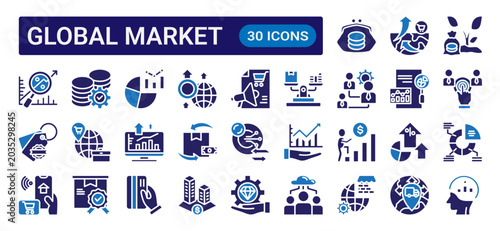 Global market glyph icon set with dual color style featuring international trade, finance, investment, economy, analytics, and worldwide business concepts.