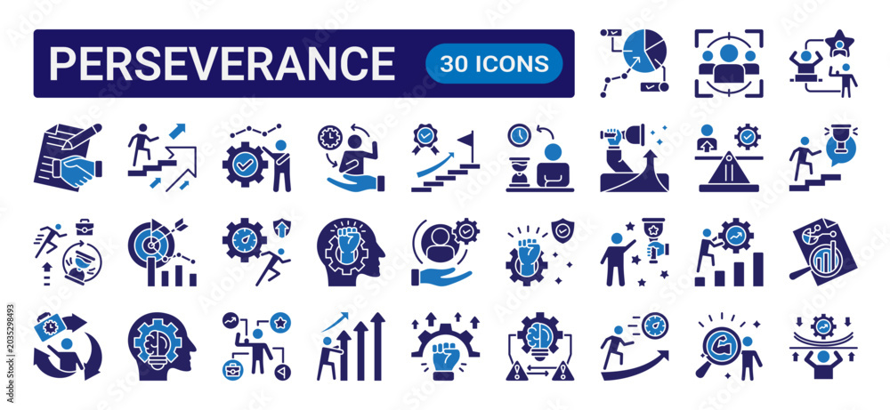 Fototapeta premium Perseverance glyph icon set with dual color style featuring motivation, resilience, determination, growth, leadership, achievement, and personal development concepts