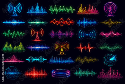 Radio Broadcast Signal Waveform Pack with Colorful Audio Waves, Equalizer Bars, Frequency Spectrum Shapes, Neon Glow Gradients, Dark Background and Commercial Music Visualization Elements