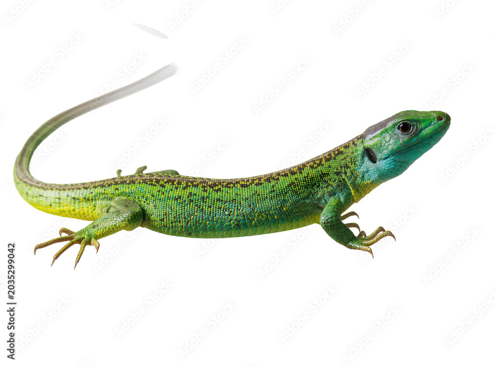 Naklejka premium Isolated vibrant green lizard with long tail, elegant pose, beautiful reptile in full length.