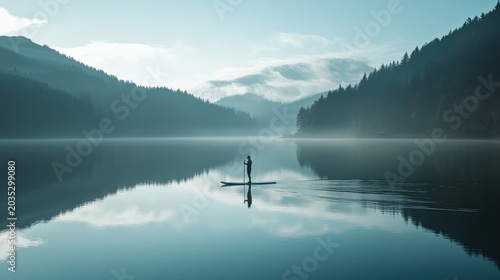 Paddleboarder glides across a calm misty lake surrounded by mountain forests at dawn.