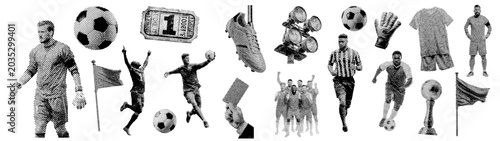 Soccer football grunge halftone design elements collection with players, ball, trophy, referee card for sports advertising