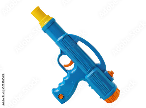 Isolated fun plastic water gun toy in bright blue and yellow, perfect for summer outdoor activities