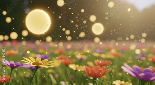 Vibrant Meadow of Colorful Flowers and Glowing Orbs.