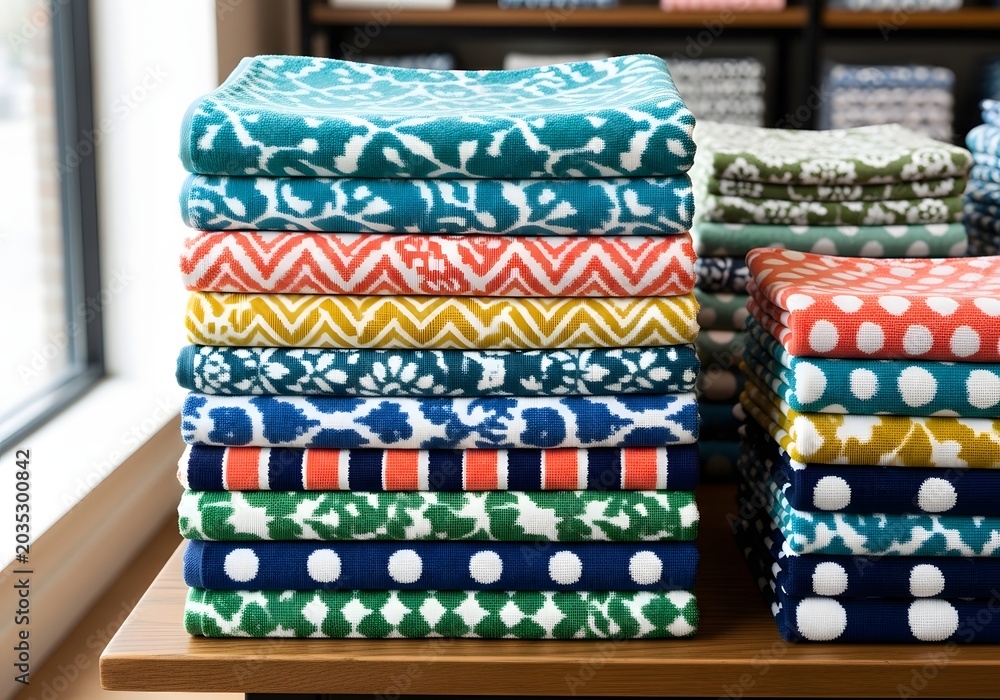 Naklejka premium Stack of Colorful Geometric Patterned Textiles on a Wooden Table