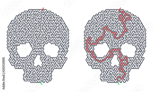 Skull maze with highlighted solution path, representing problem-solving and strategic thinking