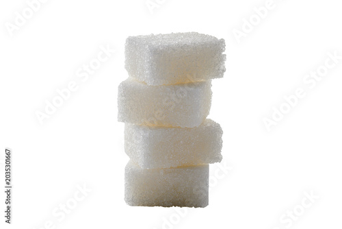 Photos Isolated stack of four white sugar cubes with sparkling texture, sweet food ingr