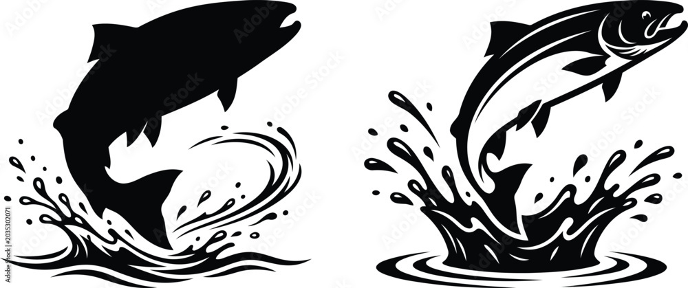 Φωτογραφία Black and white salmon jump illustrations