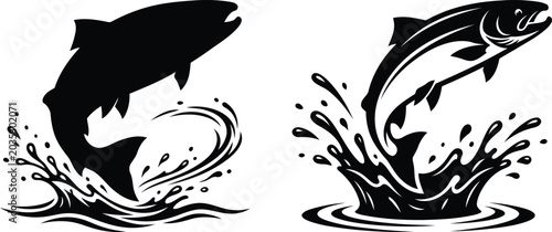 Quadro em tela Black and white salmon jump illustrations