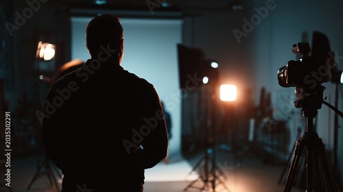 Photographer shooting portrait with professional camera, studio lighting, realistic creative job scene, no text