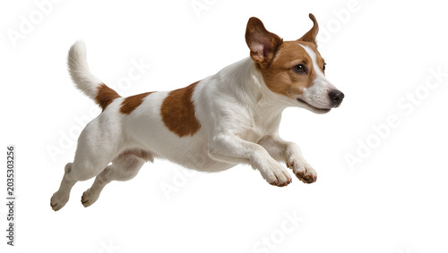 Foto Isolated energetic Jack Russell Terrier dog leaping gracefully with a lively spi