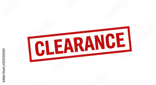 A bold red rectangular sign with the word clearance in all capital letters, mounted diagonally for emphasis, against a clean background