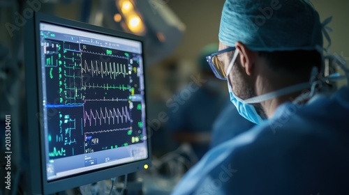 Anesthesiologist observing patient vitals on a medical monitor