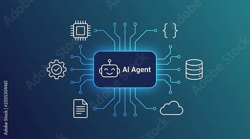 Visual representation of an advanced AI agent's core processes and interconnected digital ecosystem diagram