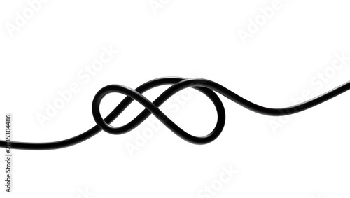 Fotografie Isolated black electrical cable tied in a decorative knot, forming an abstract i