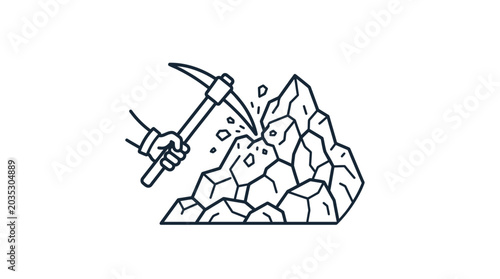 A hand holding a pickaxe strikes a rocky mountain with sparks flying.