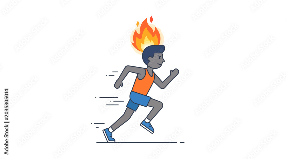 Fototapeta premium Man running with fire on head expressing intense effort and passion in sport or a demanding task