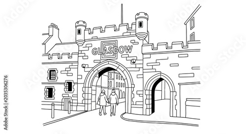 Historical Gatehouse Archway with Pedestrians Illustration.