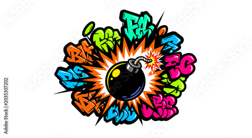 Exploding Bomb with Colorful Graffiti Art Elements.