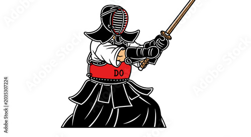 Kendo practitioner in protective gear holding a bamboo sword ready to strike.