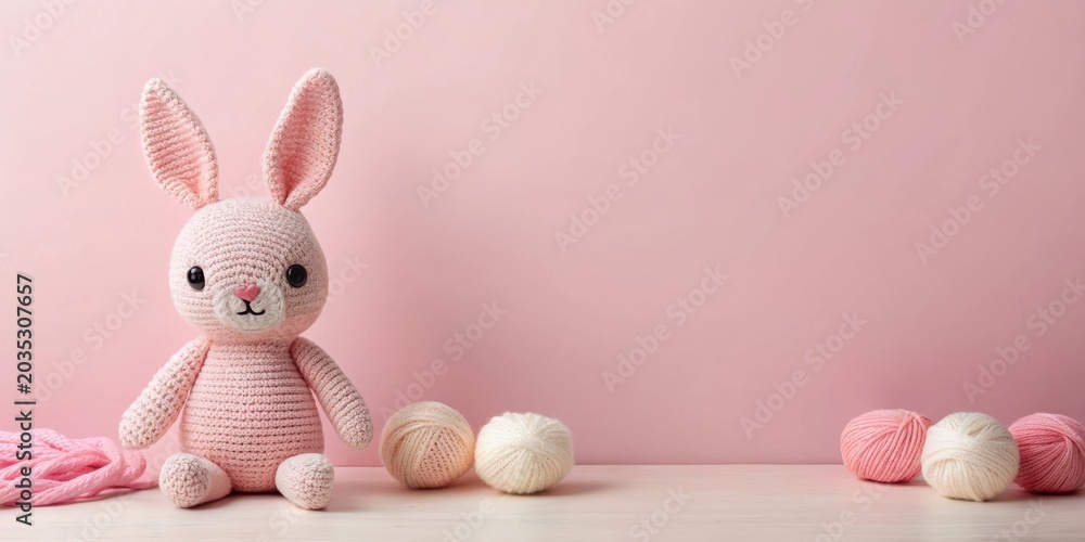 Fototapeta premium Adorable Pink Knitted Bunny Toy with Yarn Balls on a Soft Pink Background