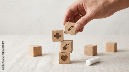 Hand placing wooden block with syringe symbol on top of medical icons
