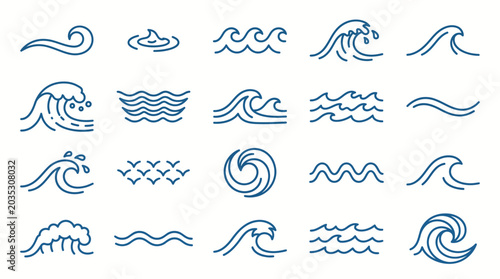 Tableau sur toile Ocean Waves Icon Set Dynamic Water Motion and Aquatic Symbols