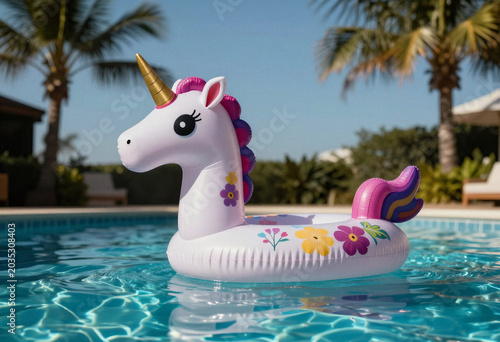 Bouée licorne flottant doucement dans la piscine, une invitation au voyage, à la détente et aux loisirs.