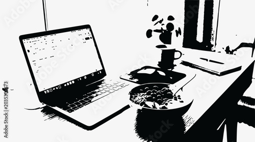 Minimalist home office setup with laptop, breakfast bowl, and coffee mug
