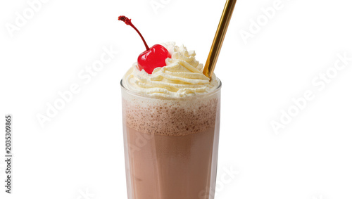 Tableau sur toile Isolated chocolate milkshake with whipped cream, maraschino cherry, and gold str