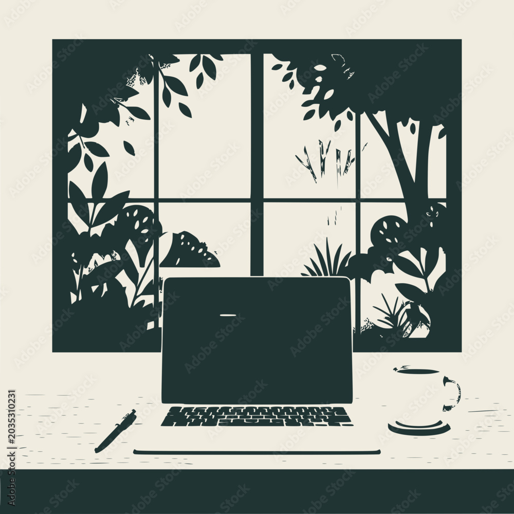 Fototapeta premium Cozy Home Office with Laptop, Coffee, and Garden View