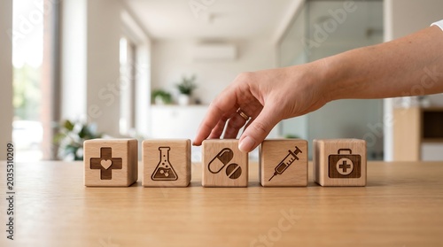Person arranging wooden blocks with medical symbols on a table in a clinic