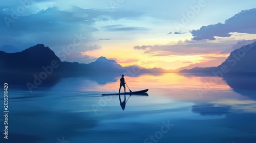 Person paddles on a board across a calm lake during a vibrant sunset.