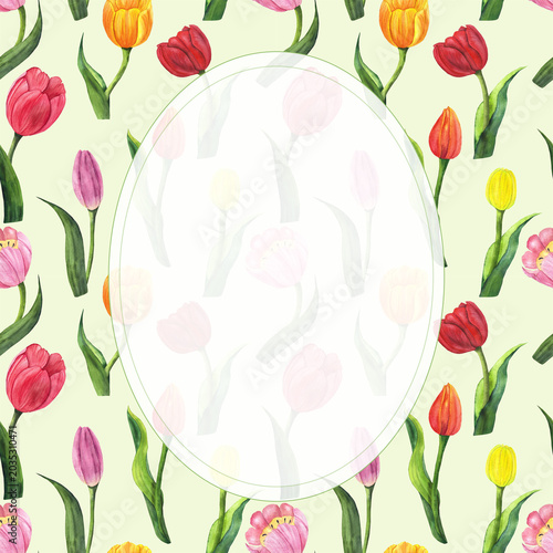 watercolor frame with tulips on a colored background, illustration for postcards, packaging, invitations, and printed products