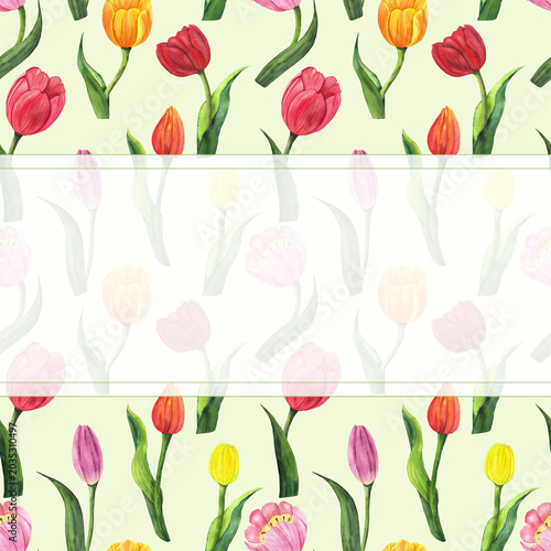 horizontal flower frame, watercolor illustration with tulips for packaging, design, and postcards