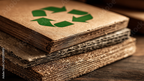 Recycling symbol on stacked cardboard packaging sheets representing sustainable waste management and eco friendly paper reuse concept