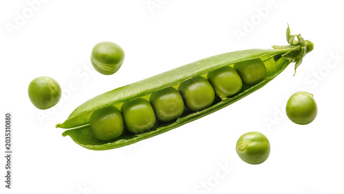 Bild auf Leinwand Isolated fresh green pea pod and loose organic peas, a healthy natural ingredien