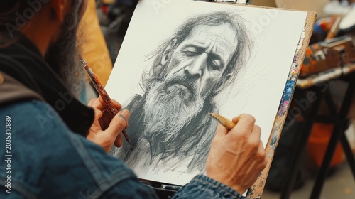 Street  focuses on sketching a realistic portrait of an elderly man with a long beard on paper.