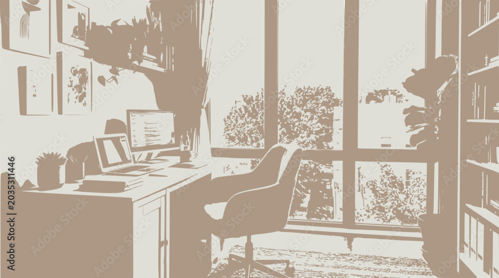 Fototapeta premium Cozy Home Office with Desk, Laptop, Chair, Bookshelf, and Window View