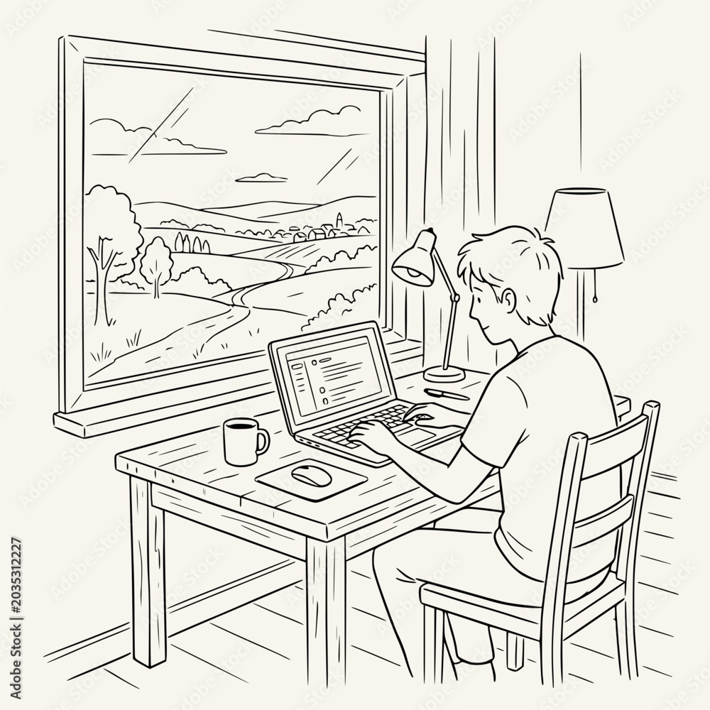 Obraz premium Man working on laptop by window with scenic rural landscape view