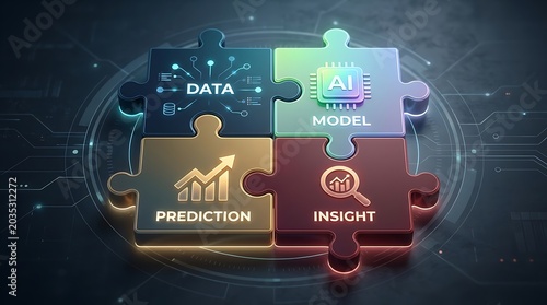 Digital intelligence puzzle pieces connecting data, AI models, predictions, and insights for advanced business analytics and strategic decision making